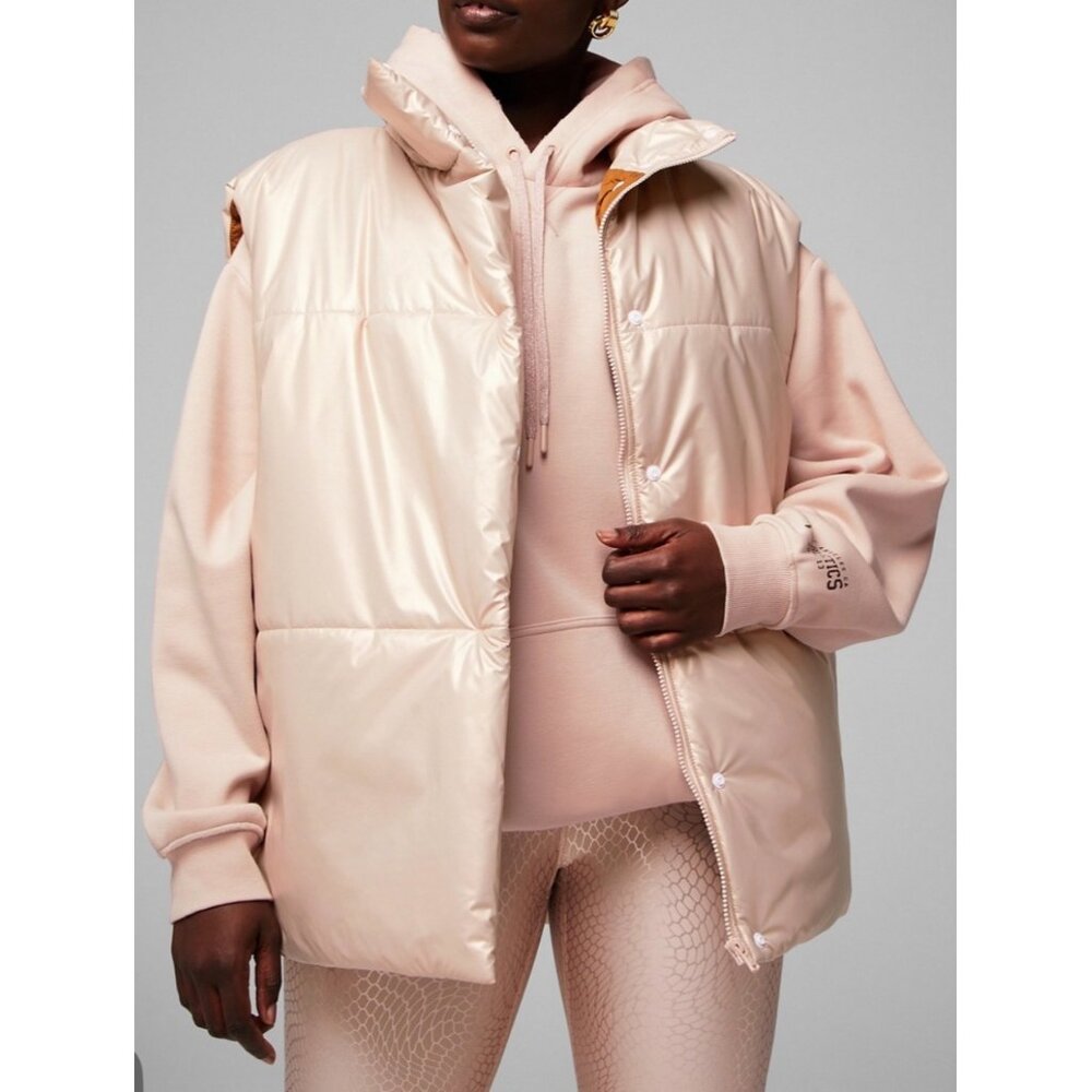 Fabletics Oversized Puffer Vest Sz XS Womens Shiny Beige Light Pink Sleeveless - Picture 8 of 10